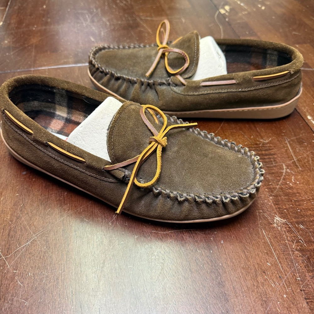 Minnetonka Moccasin Slippers Mens 11 Brown Suede Plaid Lined 41362